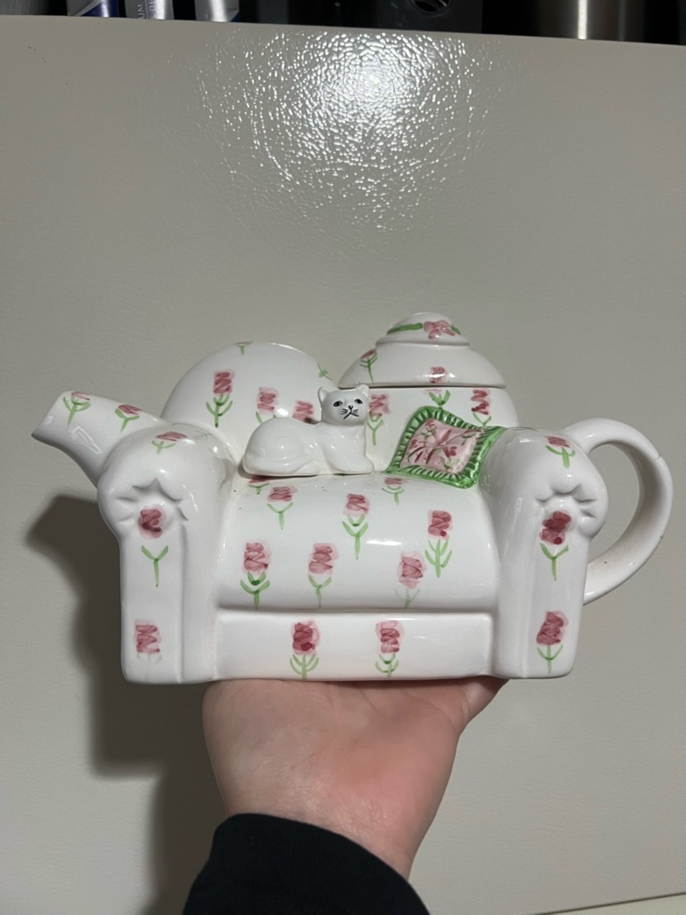 Vintage Ceramic Sofa Teapot with Kitty and Pink Rose Pattern